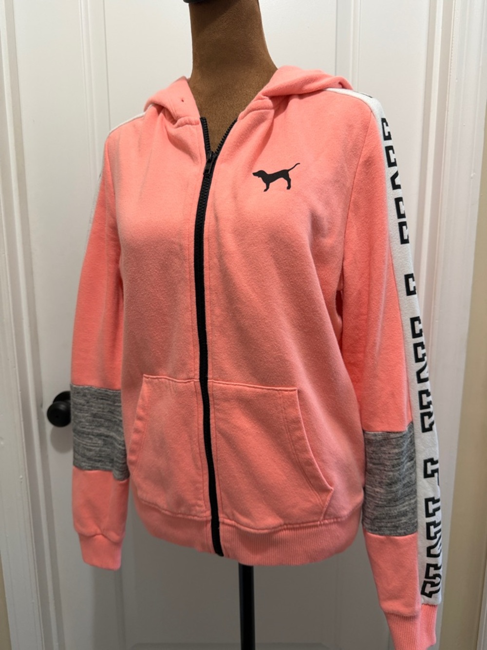 PINK Victoria's Secret Coral Zip Hoodie with Gray and White Accents